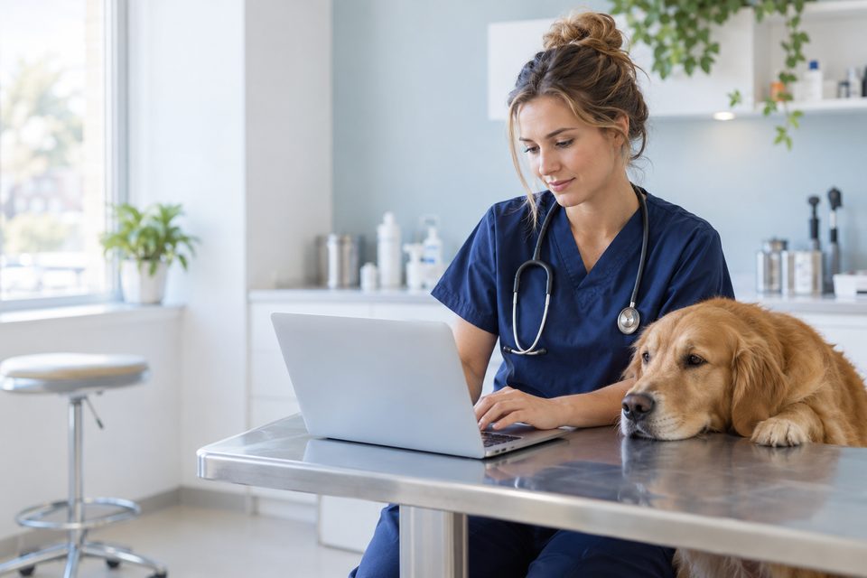 Una profesional veterinaria consulta ofertas en un portátil, con un perro a su lado.